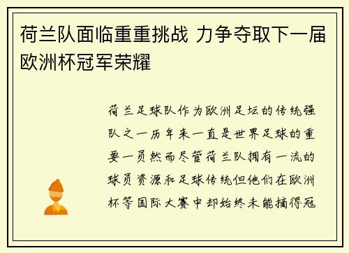 荷兰队面临重重挑战 力争夺取下一届欧洲杯冠军荣耀