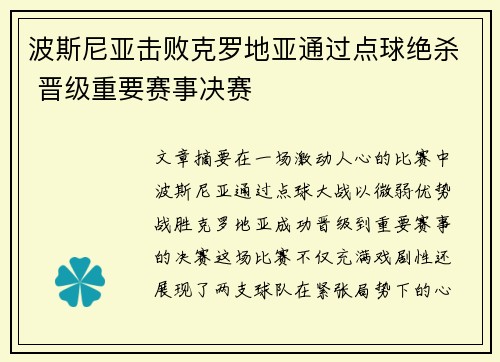 波斯尼亚击败克罗地亚通过点球绝杀 晋级重要赛事决赛