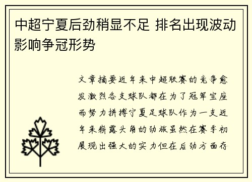 中超宁夏后劲稍显不足 排名出现波动影响争冠形势