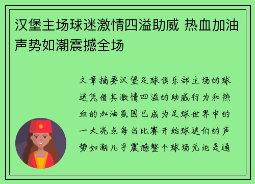 汉堡主场球迷激情四溢助威 热血加油声势如潮震撼全场