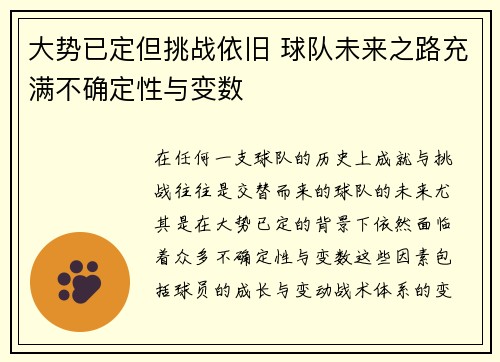 大势已定但挑战依旧 球队未来之路充满不确定性与变数